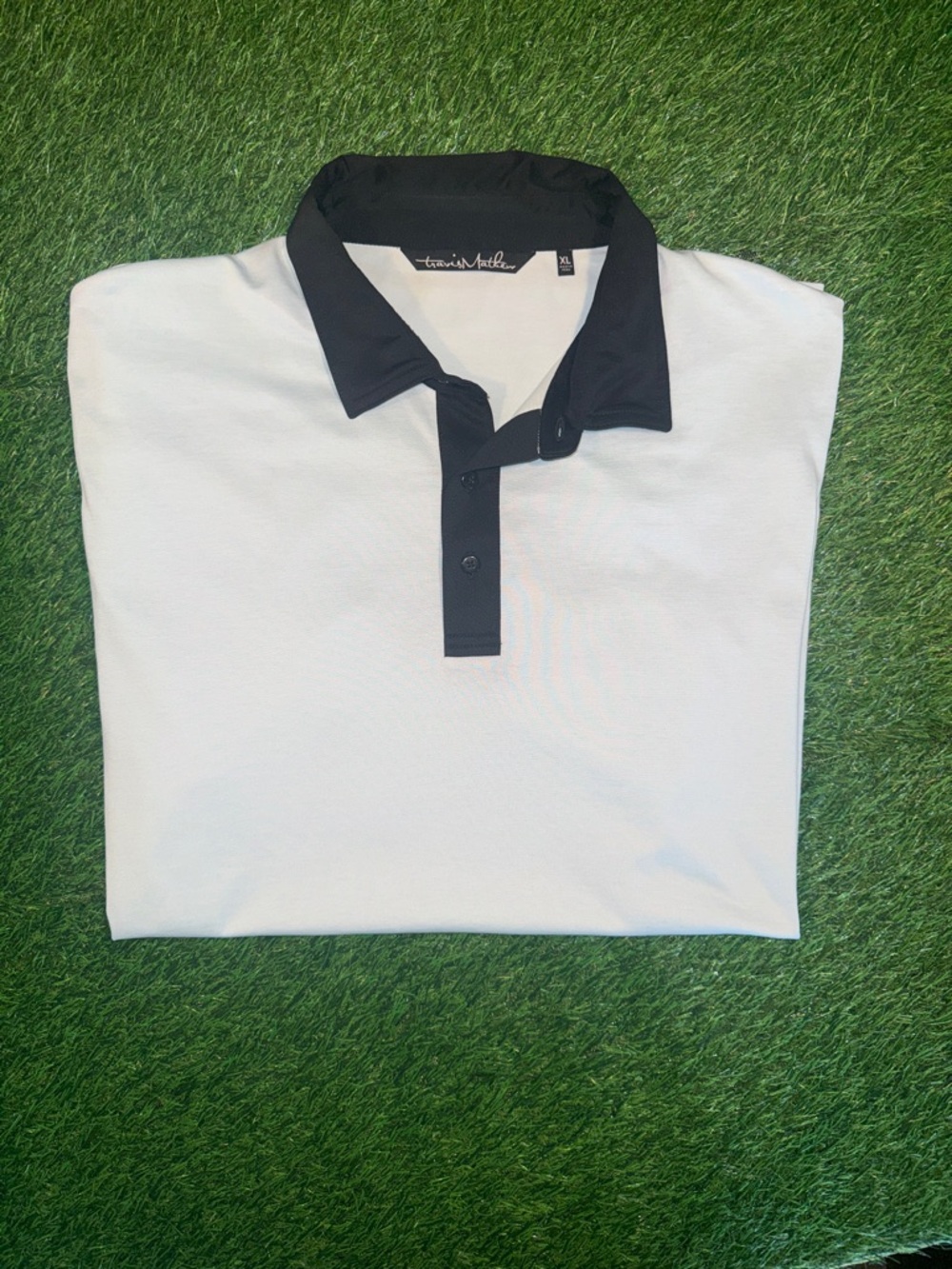 Travis Mathew Men's White Polo Shirt with Black Collar Size XL